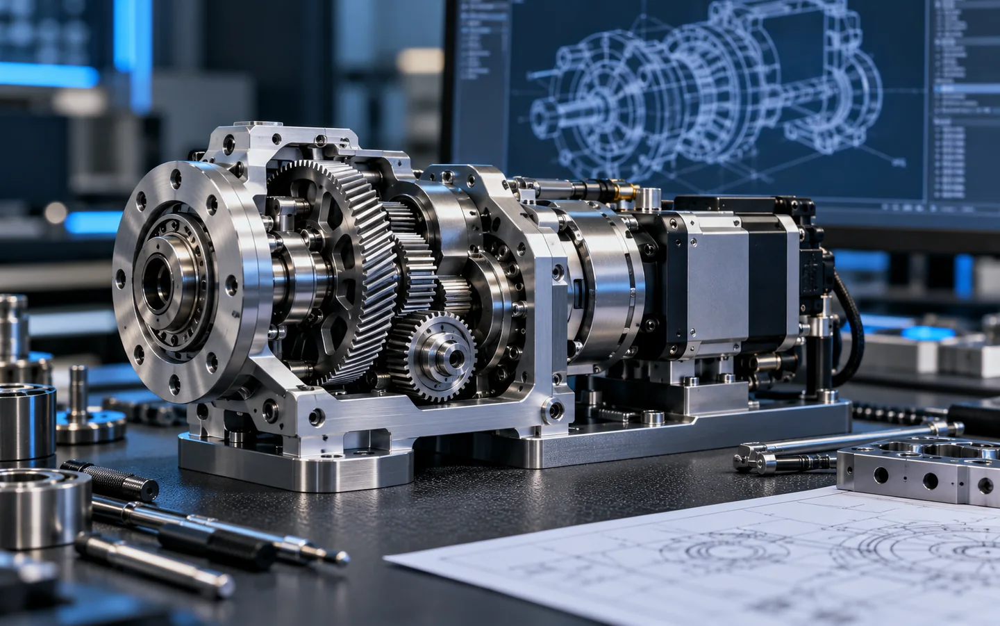 Precision metal mechanical assembly with a CAD model in the background.
