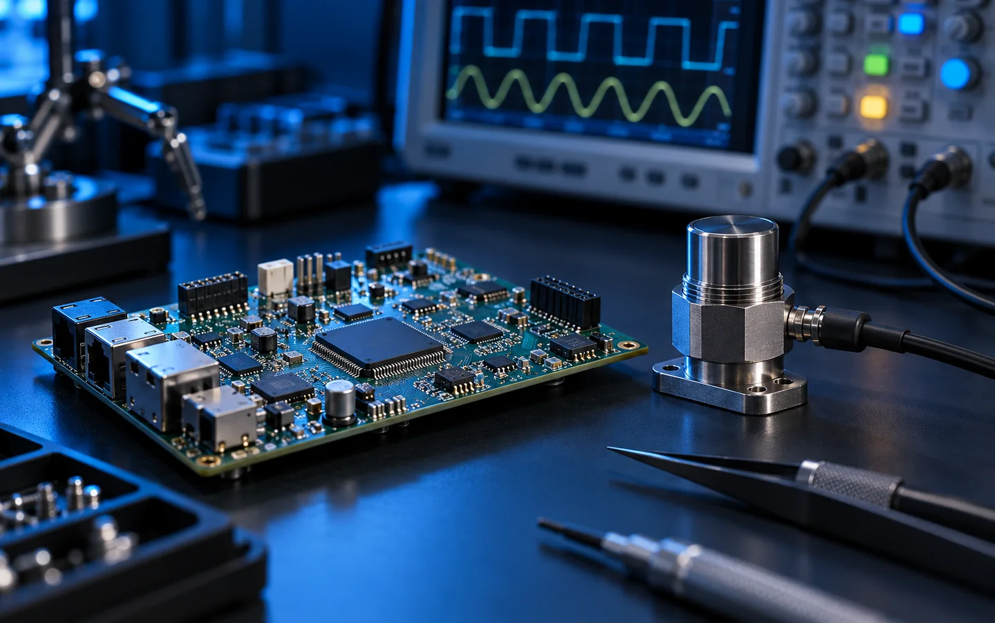 Embedded electronics and industrial sensor on a technical workbench.